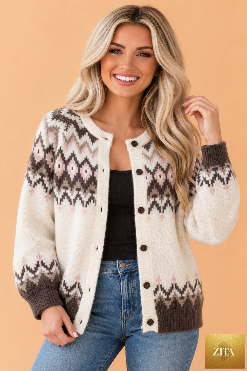 Pretty Bash geometric Fair Isle brushed knit cardigan with buttons, featuring a colorful pattern and cozy design.