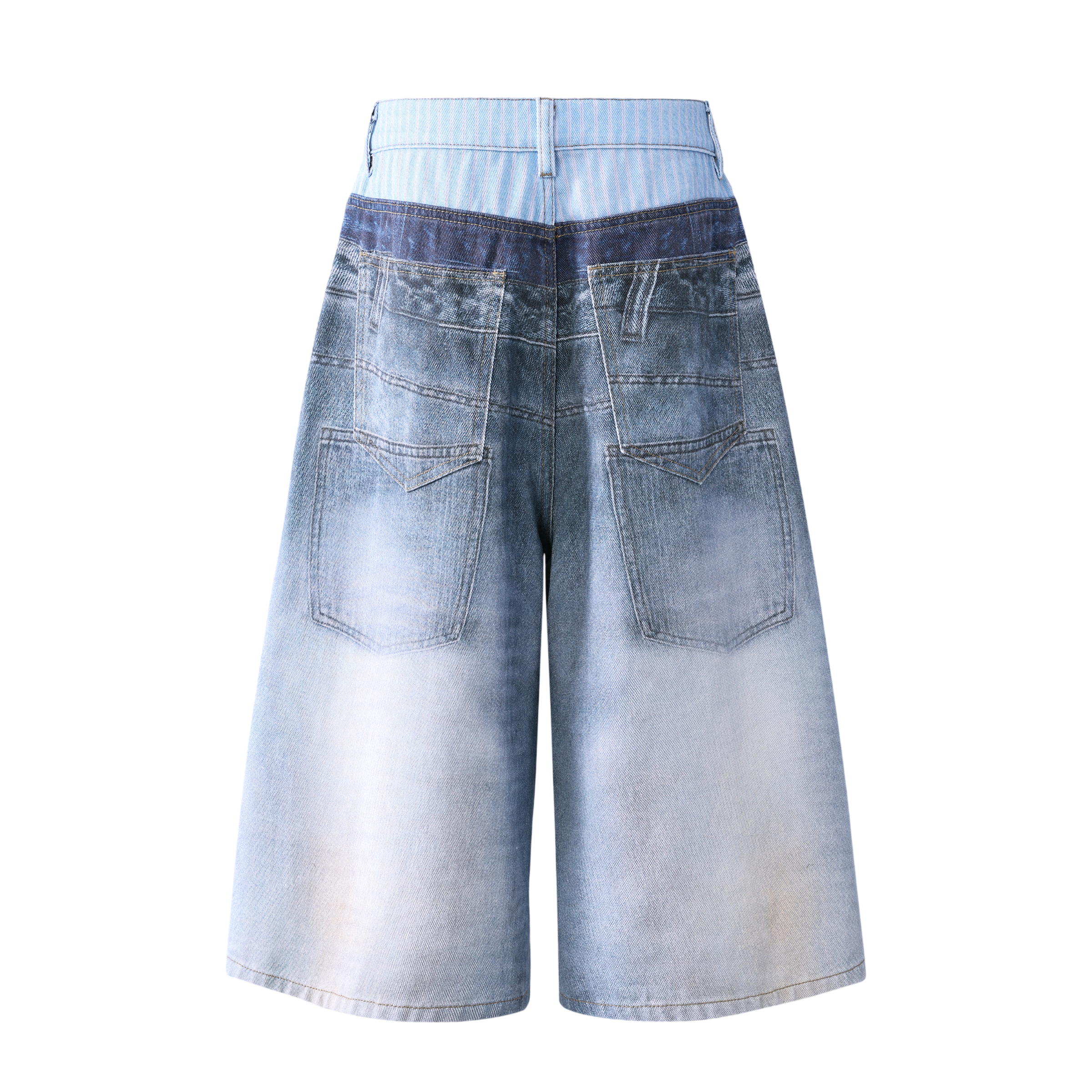 Undeveloped Charm Print denim shorts featuring a stylish pattern, fitted waistband, and casual fit on a model.