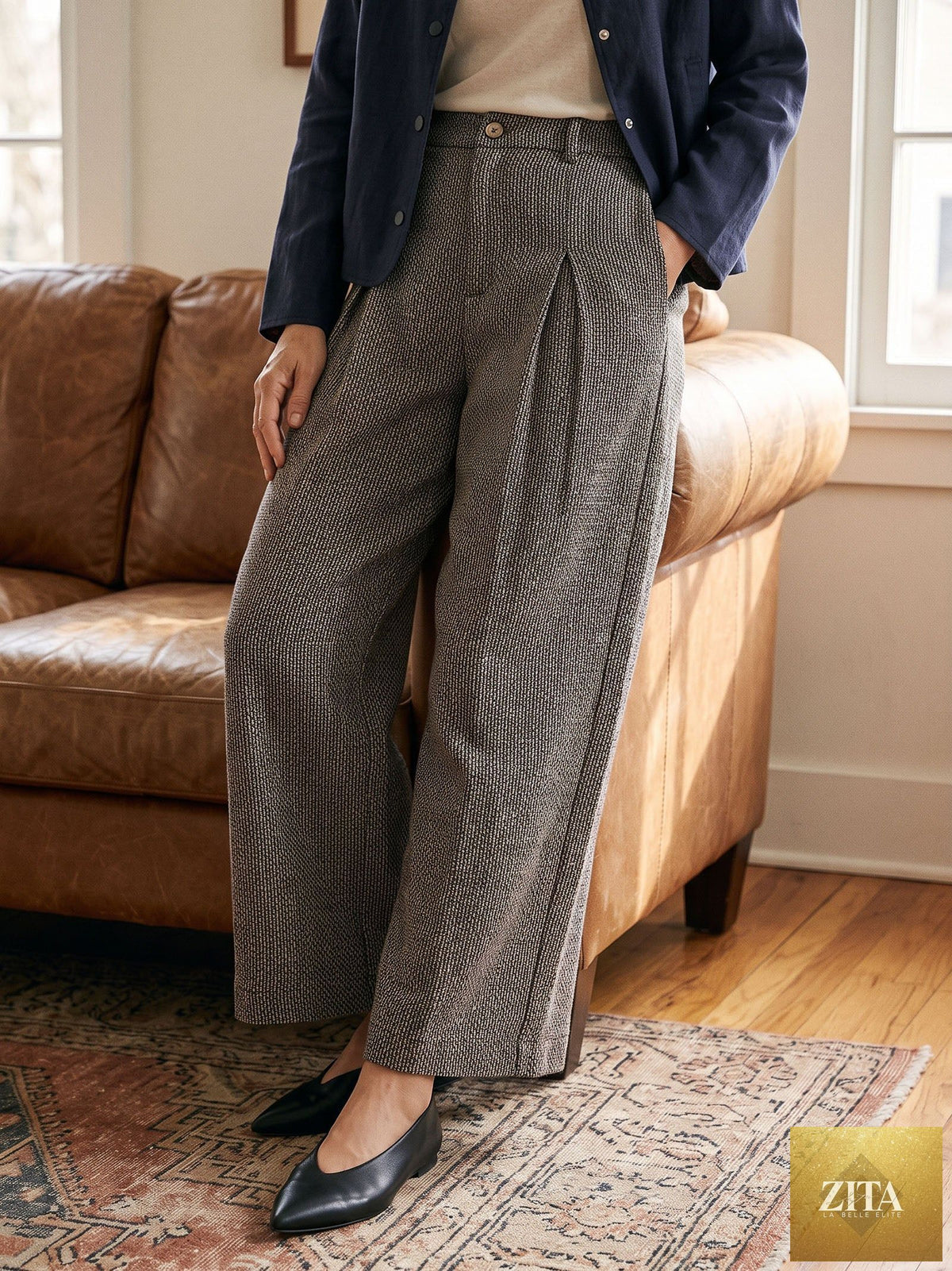 Linen Yarn Dyed Check Pleated Wide Leg Pants DELARA
