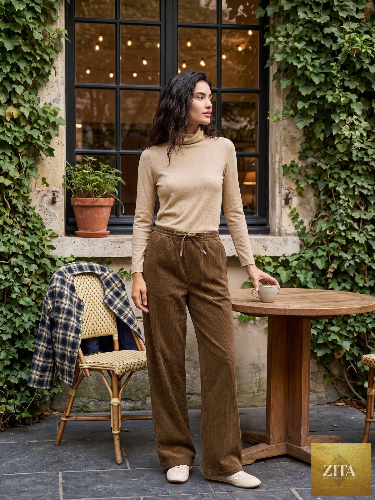 Cotton Corduroy Drawstring Waist Straight Leg Pants ALORA