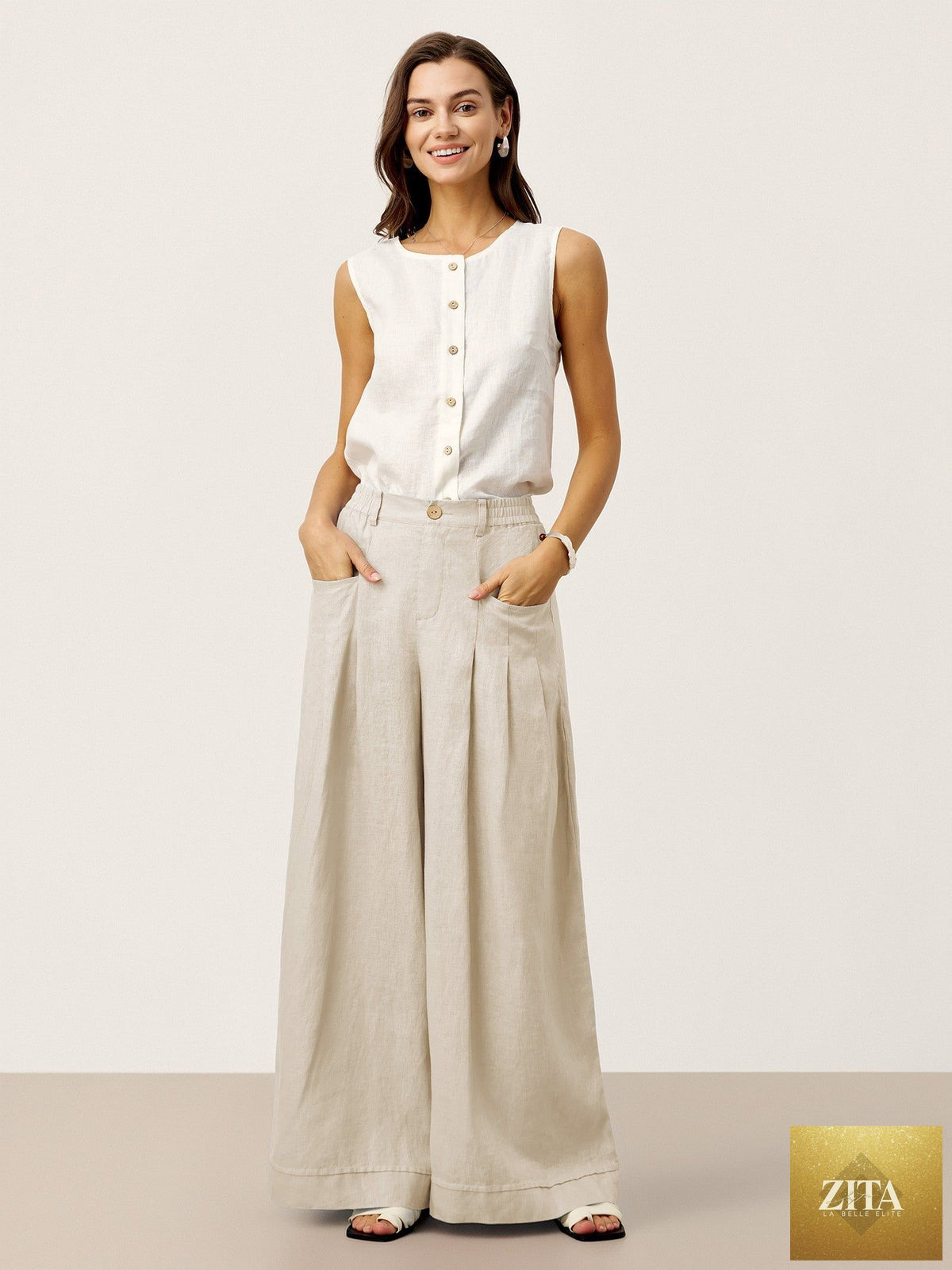 100% Linen Sculpted Pleat Elasticated Back Relaxed Pants VERIDIANA