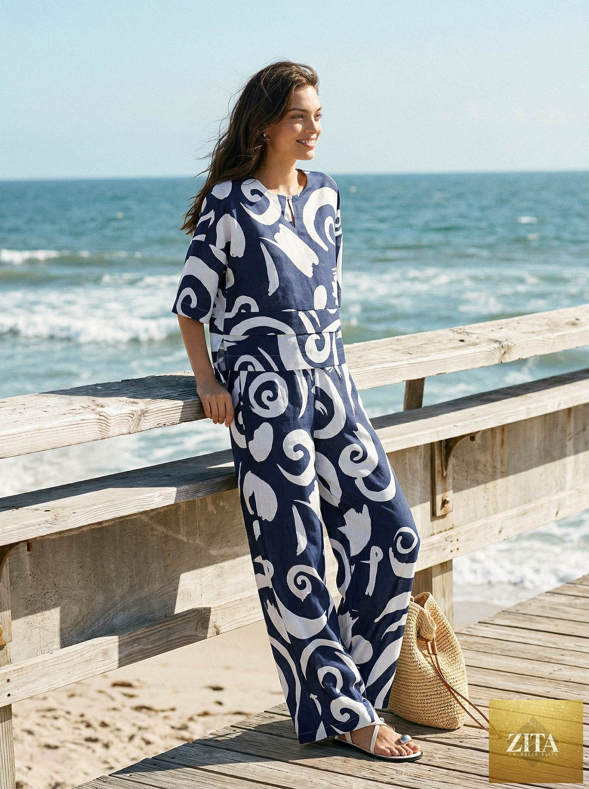 Linen Abstract-Print Straight-Leg Pants ORLA