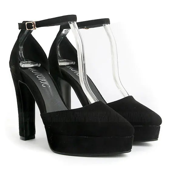 Korean style pointed toe chunky heels for women, stylish black footwear with a sleek design and sturdy heel for Trendy Attic Store01