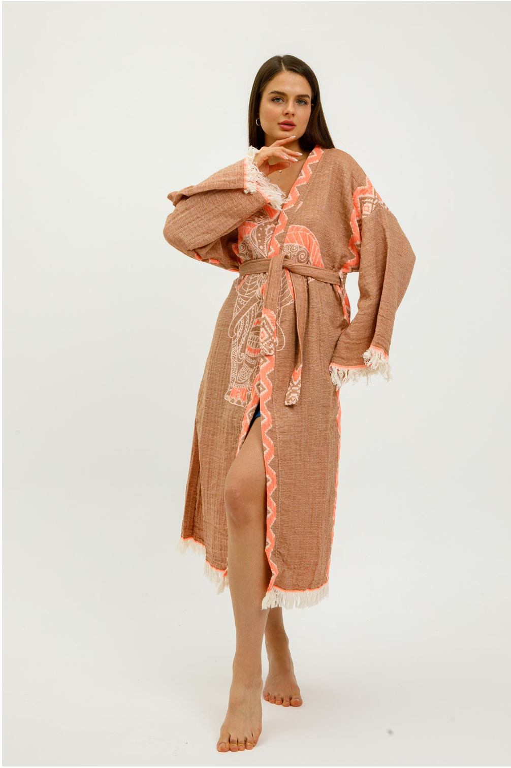 Buldano Jungle Kimono featuring elephant print, lightweight fabric, traditional kimono style with natural jungle-inspired design.