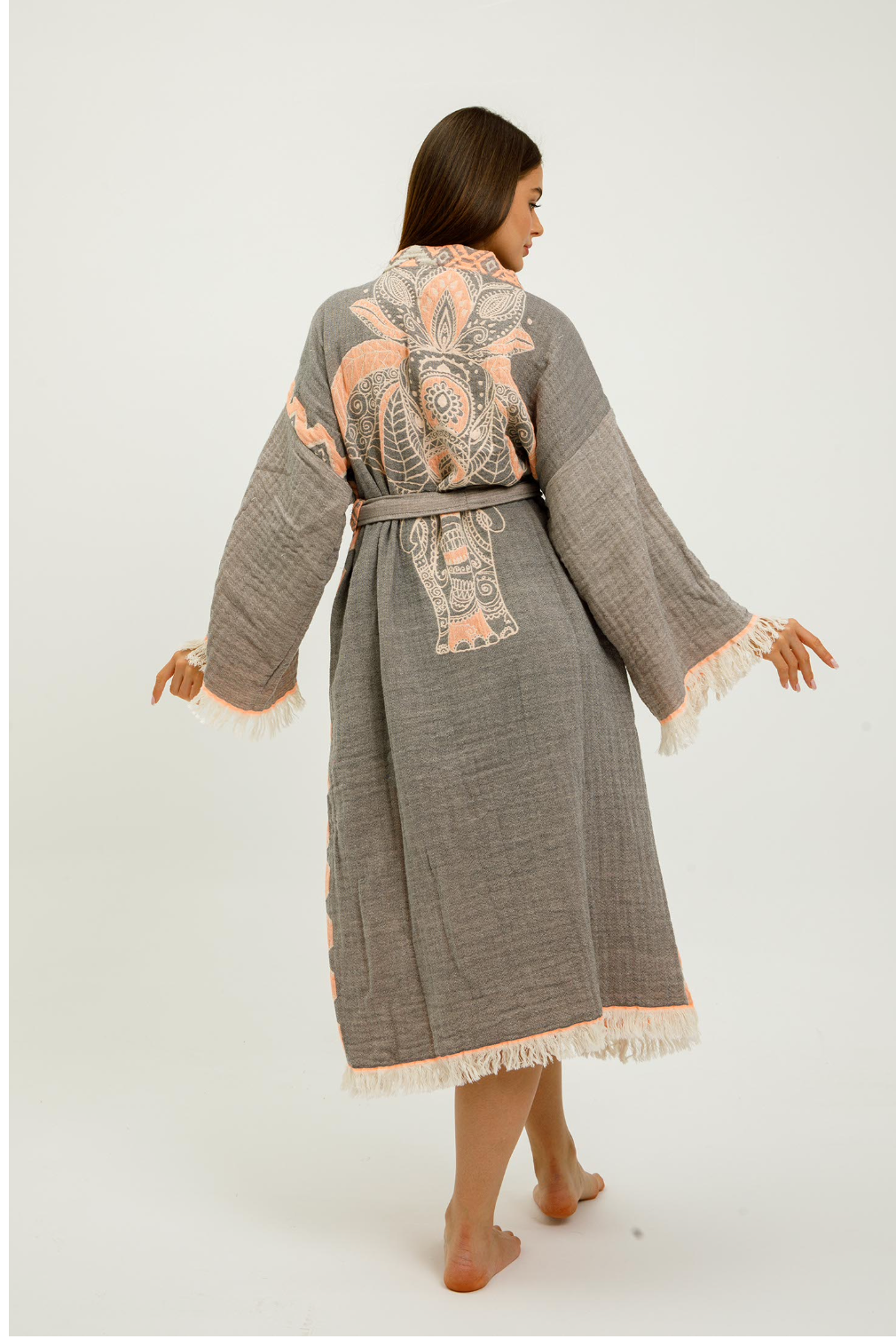 Buldano Jungle Kimono featuring elephant print in grey and coral, lightweight fabric, displayed on a hanger.