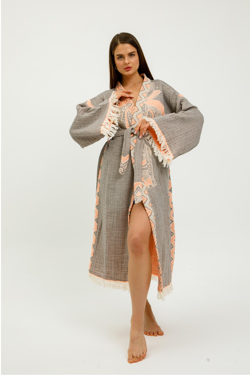 Buldano Jungle Kimono featuring elephant print in grey and coral, lightweight fabric, relaxed fit, and traditional Japanese style.
