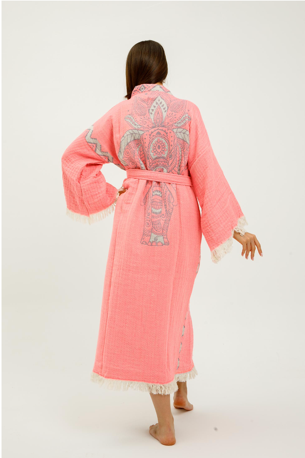 Buldano Jungle Kimono featuring an elephant print in pink, lightweight fabric with traditional kimono style and wide sleeves.