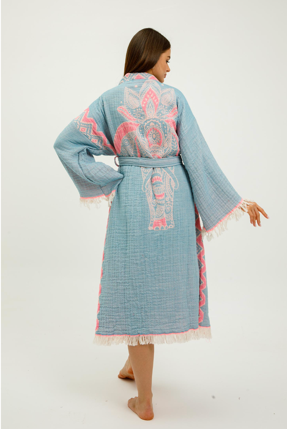 Buldano Jungle Kimono with elephant print, featuring pink fabric and traditional kimono design, perfect for casual wear or lounging.