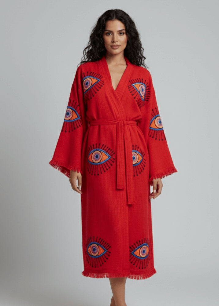 Red evil eye hand-printed kimono by buldano, featuring natural fabric and traditional design, displayed on a neutral background.