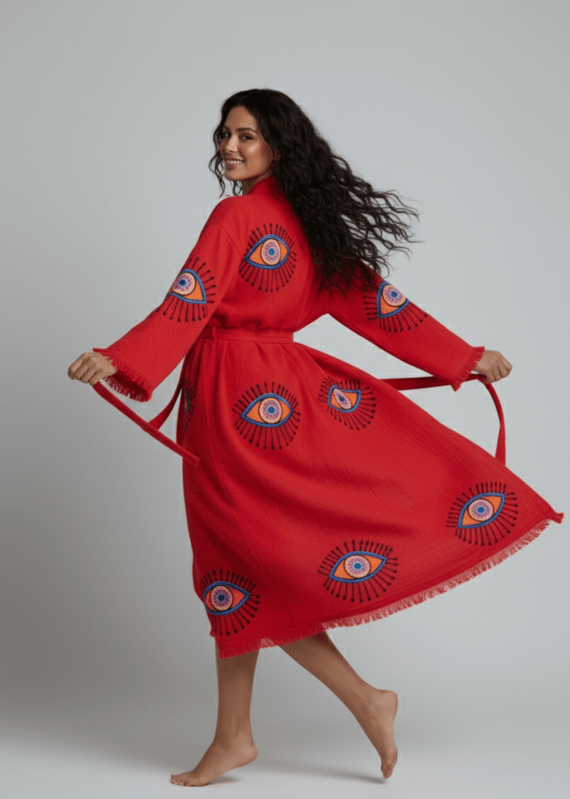 Hand-printed red evil eye kimono by Buldano, featuring natural fabric and intricate design, displayed on a hanger.