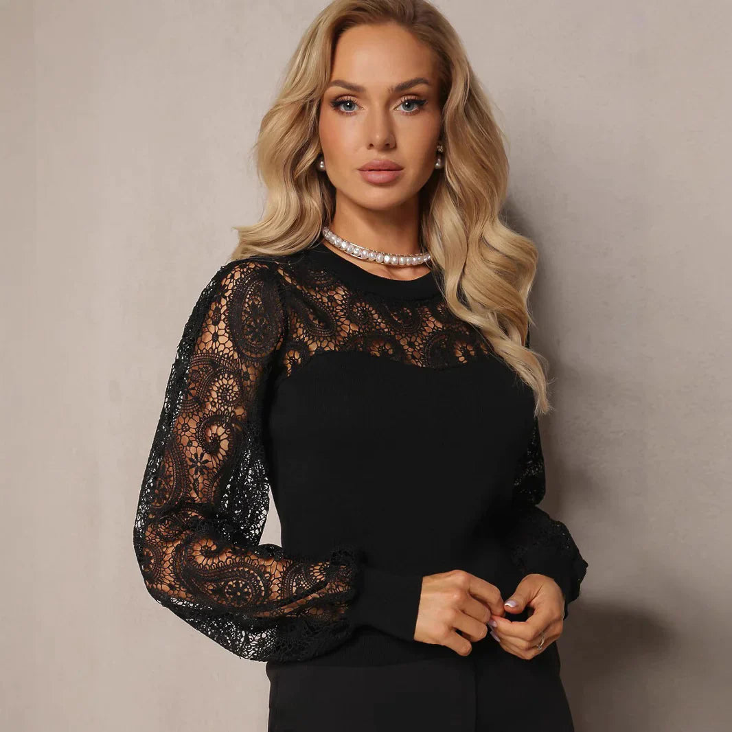 Women’s lace sleeve round neck T-shirt by Trendy Attic Store01, featuring a stylish design and comfortable fit.