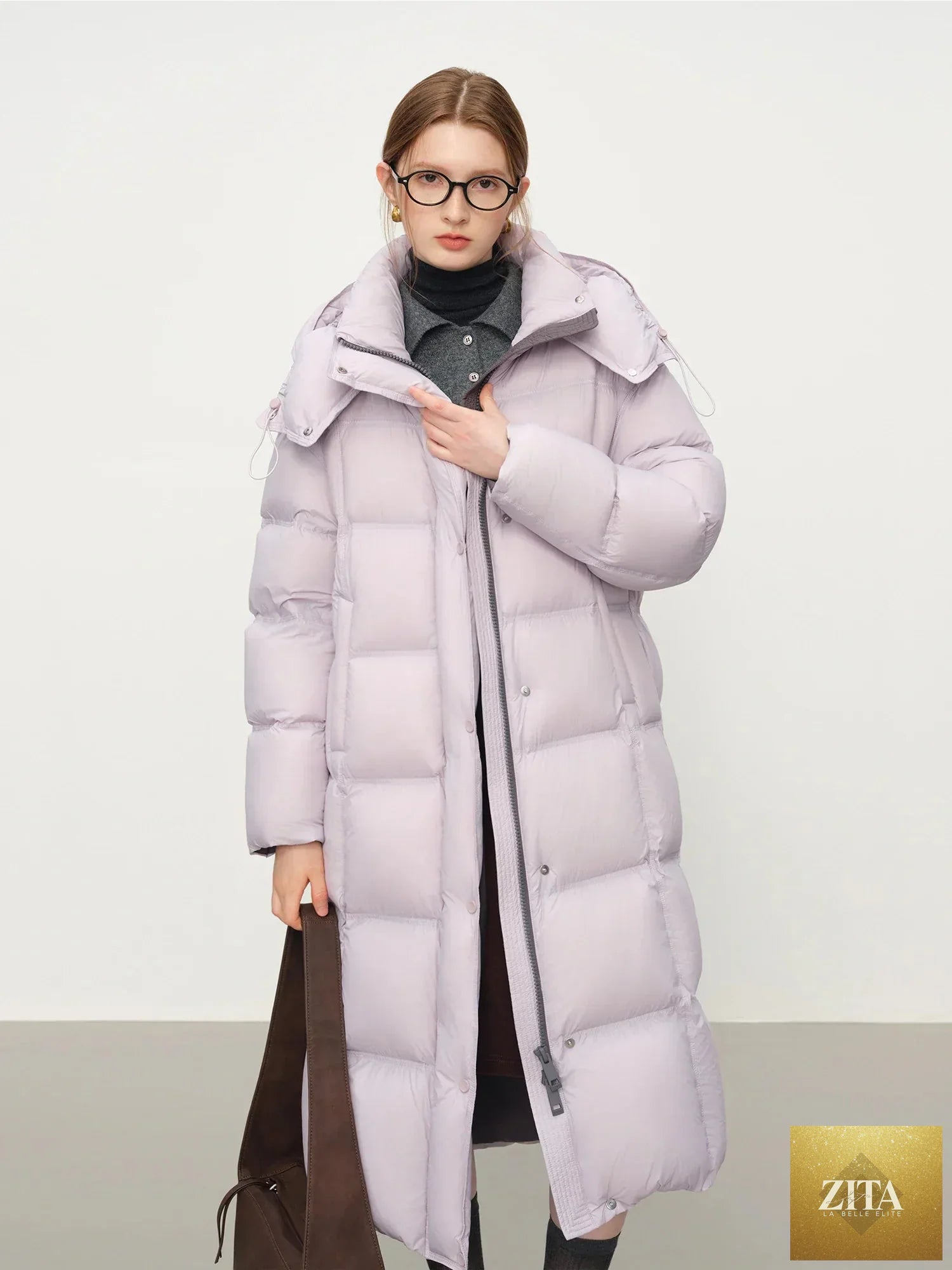 FSLE 2025 Winter New Women's Long Puffer Down Coat with Hood Two-Tone Color Block Thermal Insulated Jacket Heavy Warm Outerwear