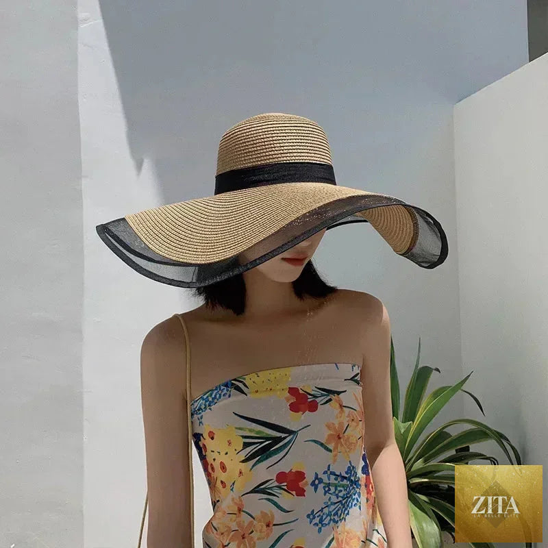Women Sun Hat Big Eaves Waves Beach Cap Ladies Hat Big Brim Sun Visors UV Cut Bucket Panama Cap Foldable Straw Sunscreen Vintage