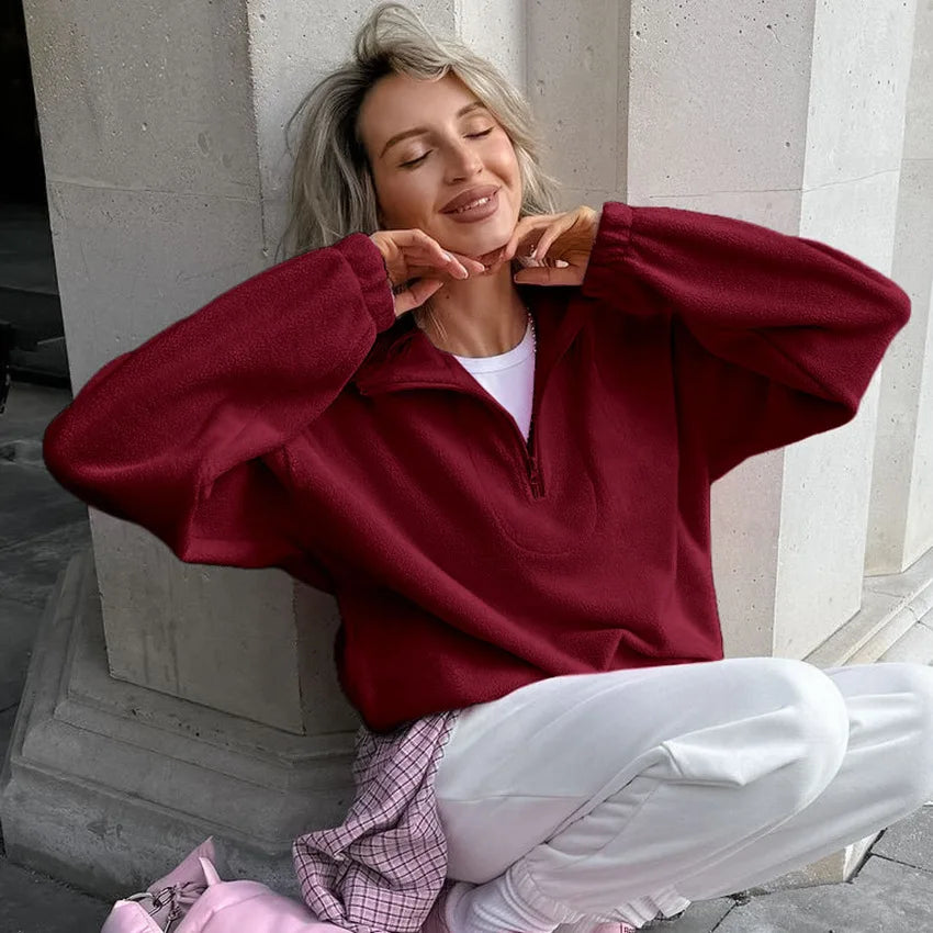 Women’s autumn winter fleece hoodie with stand collar, zipper, loose fit, solid color, casual streetwear sweatshirt, LadyShow.