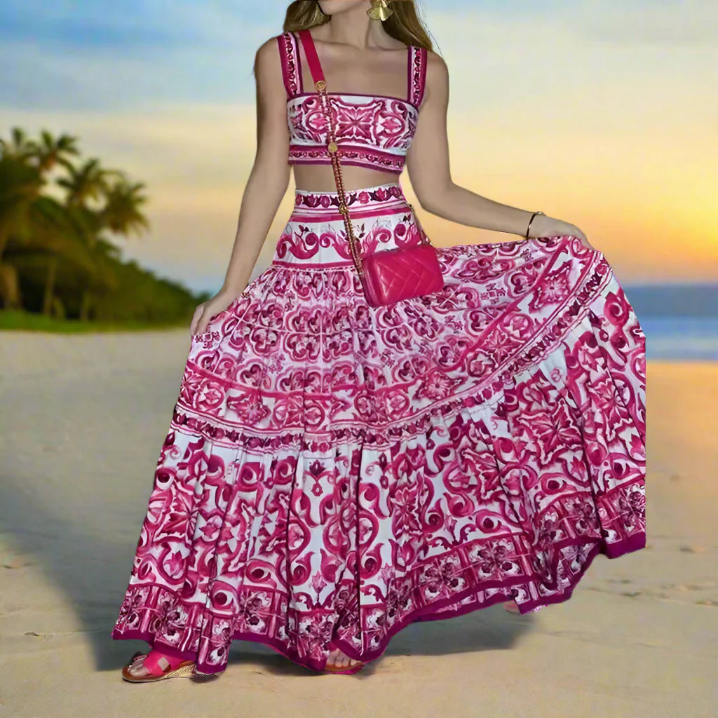 Summer Beach Print Two-piece Set Strapless Crop Top and Long Skirt Maxi