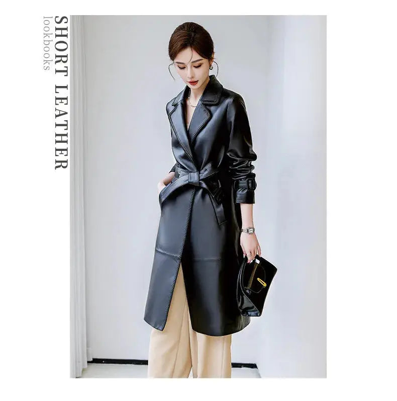Women's Genuine Leather Trench Coat Lace-Up Long Slim Fit Spring Autumn Sheepskin Top ZITA LA BELLE ÉLITE