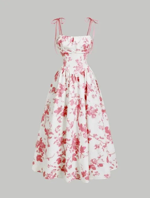 Women's Floral Slip Dress French Vintage High Waist Casual Sundress