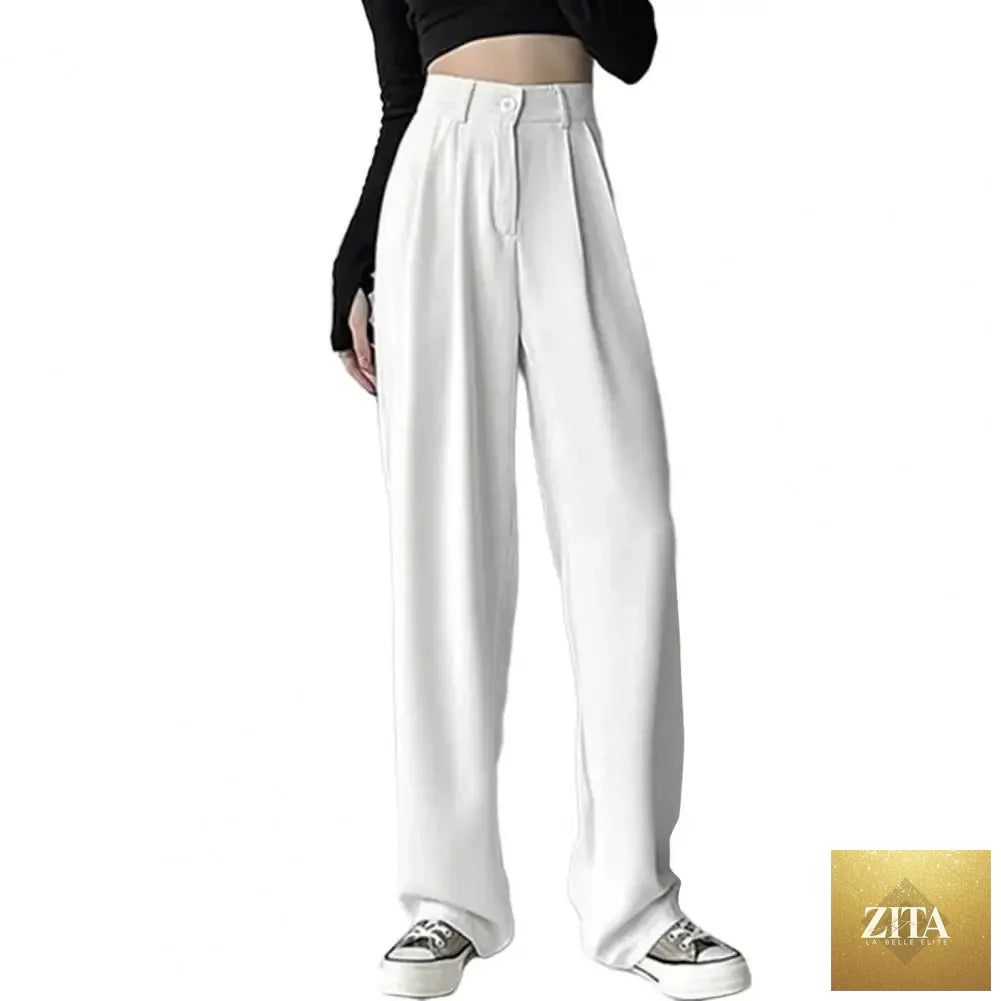 Women’s high waist wide-leg trousers by Ladyez, solid color office pants with elastic waistband and slant pockets.