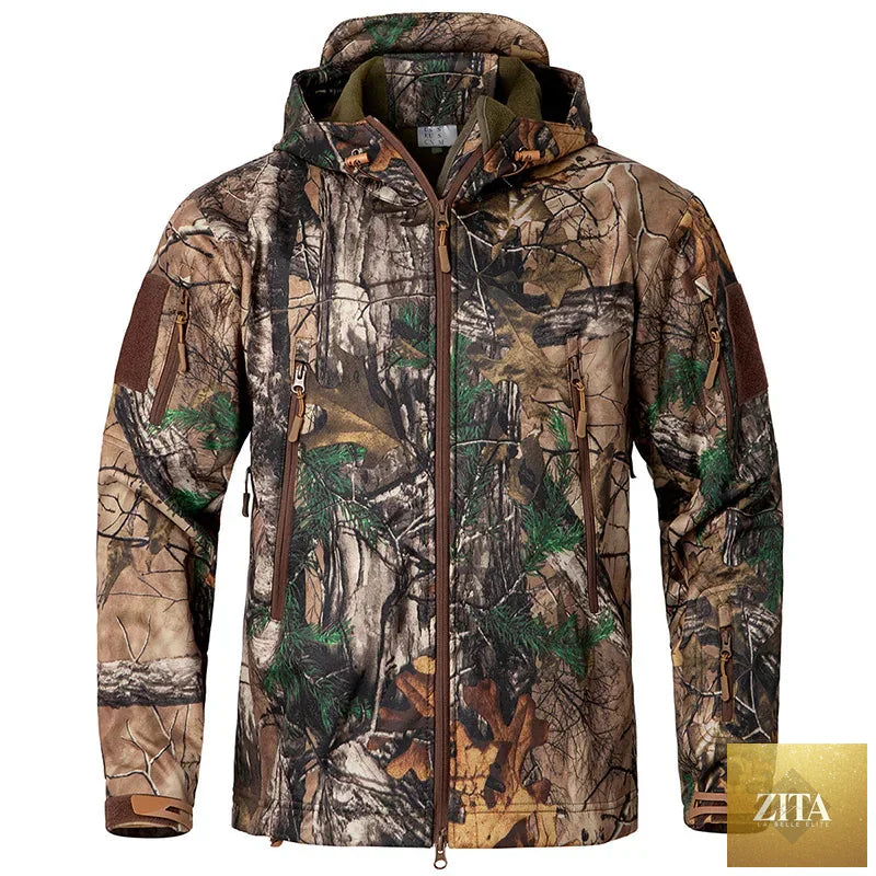 Men's Silent Soft Shell Camouflage Tactical Jacket Waterproof Warm Fleece Hunting Jackets Outdoor Hiking Fishing Hooded Coat
