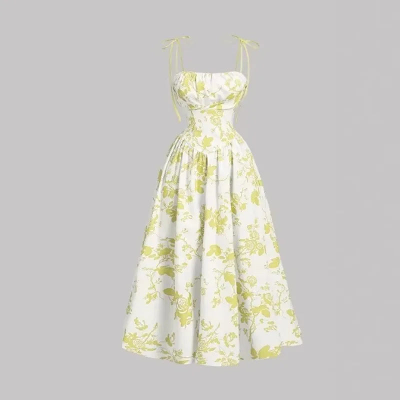 Women's Floral Slip Dress French Vintage High Waist Casual Sundress