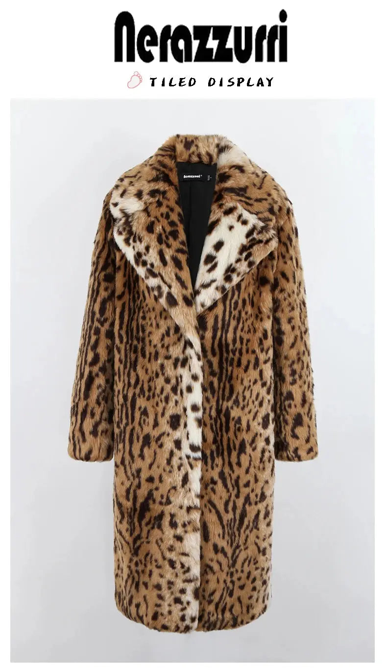 Nerazzurri Winter Long Loose Luxury Thick Warm Soft Fluffy Leopard Print Faux Fur Coat Women Lapel Runway European Fashion 2022 ZITA LA BELLE ÉLITE