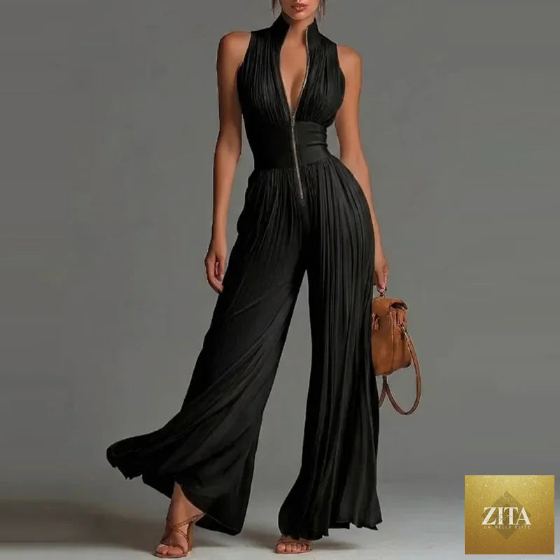 Elegant women’s spring jumpsuit by Selvanelle featuring a stand collar, zipper, pleated design, high waist, wide-leg pants, sleeveless romper