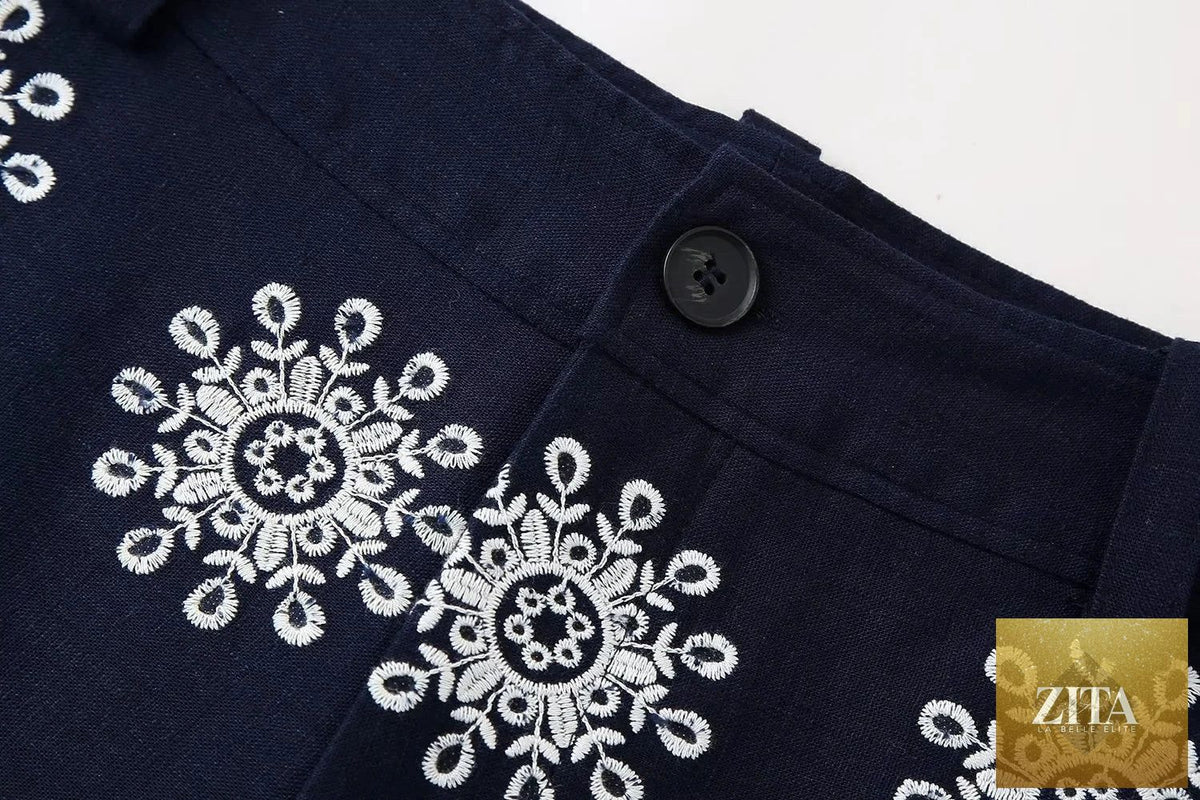 Navy blue floral embroidery cropped pants for women by Ladyez, casual summer fashion with zipper detail.