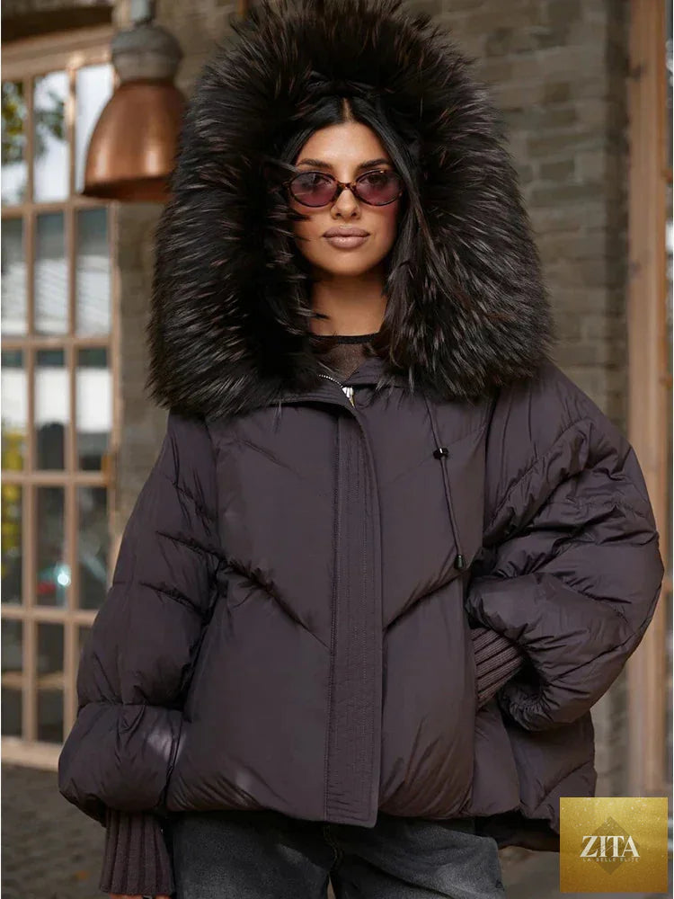 Women Winter Goose Down Jackets Real Fox Fur Collar Hooded Thick Natural Raccoon Fur Female Outwear Warm Loose Puffer Coats
