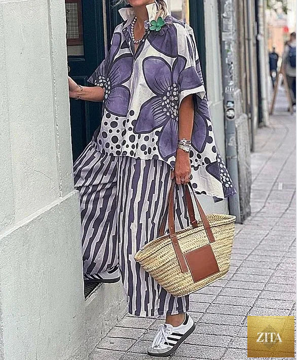 2 Piece Sets Women Summer Print Loungewear Long Pants Sets Vintage