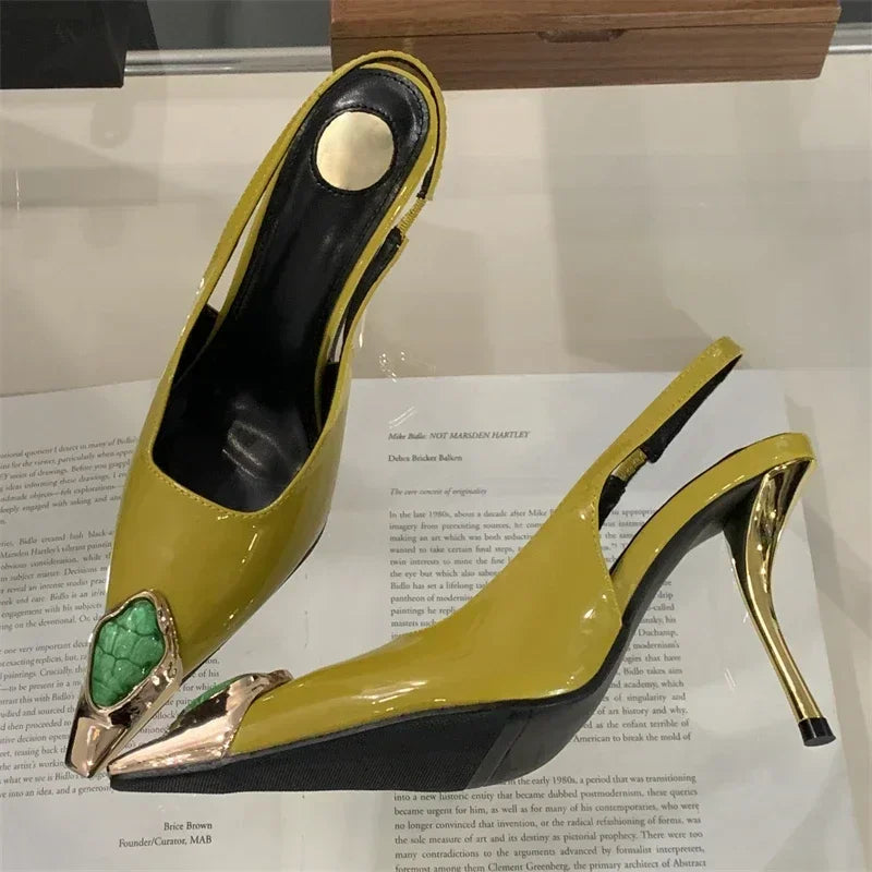 LadyShow.Store Aneikeh street style metal square head diamond pumps for women, elegant low-heel banquet slingbacks sandals.