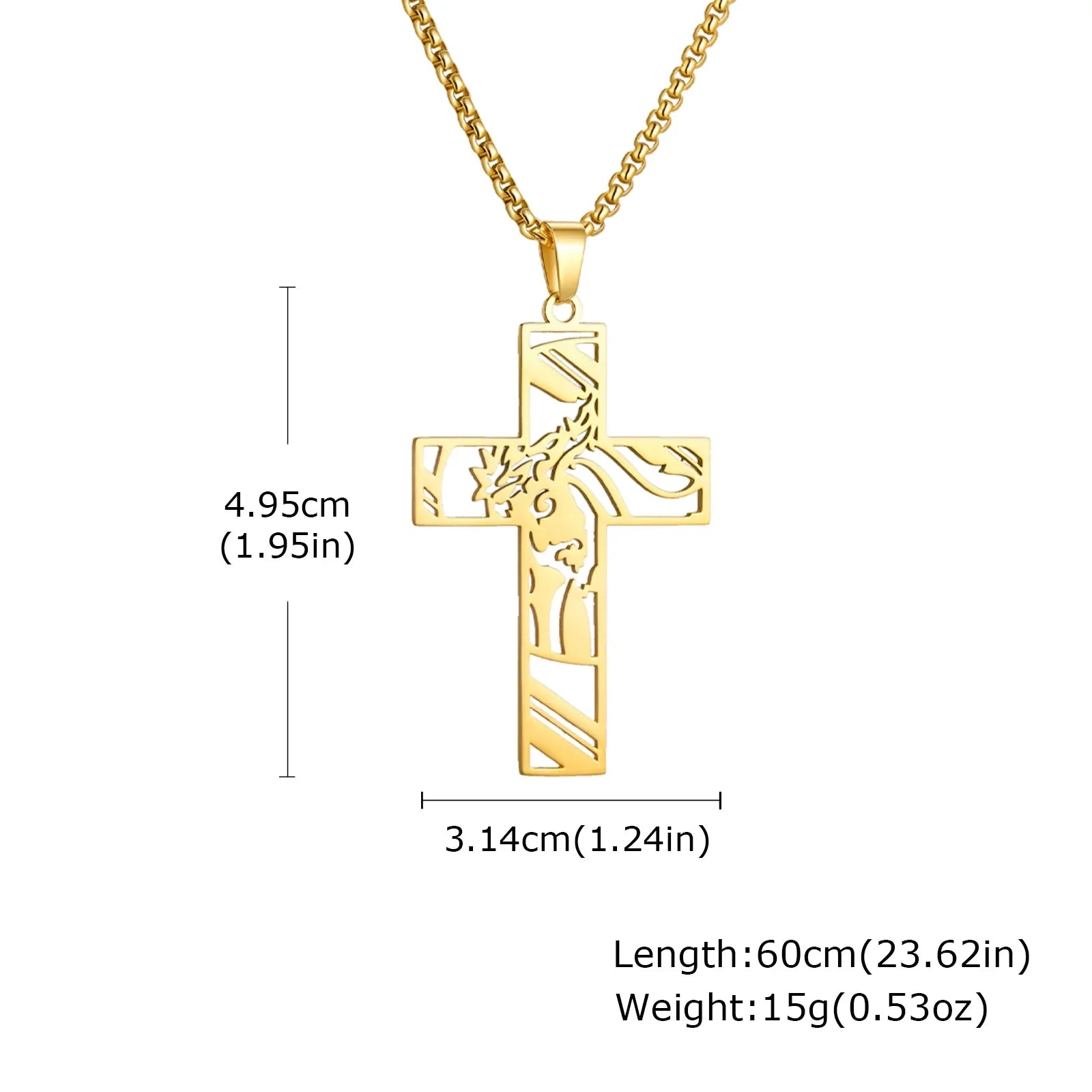 Stainless steel Catholic cross necklace with Jesus pendant in gold color, faith jewelry for men and women, church prayer accessory