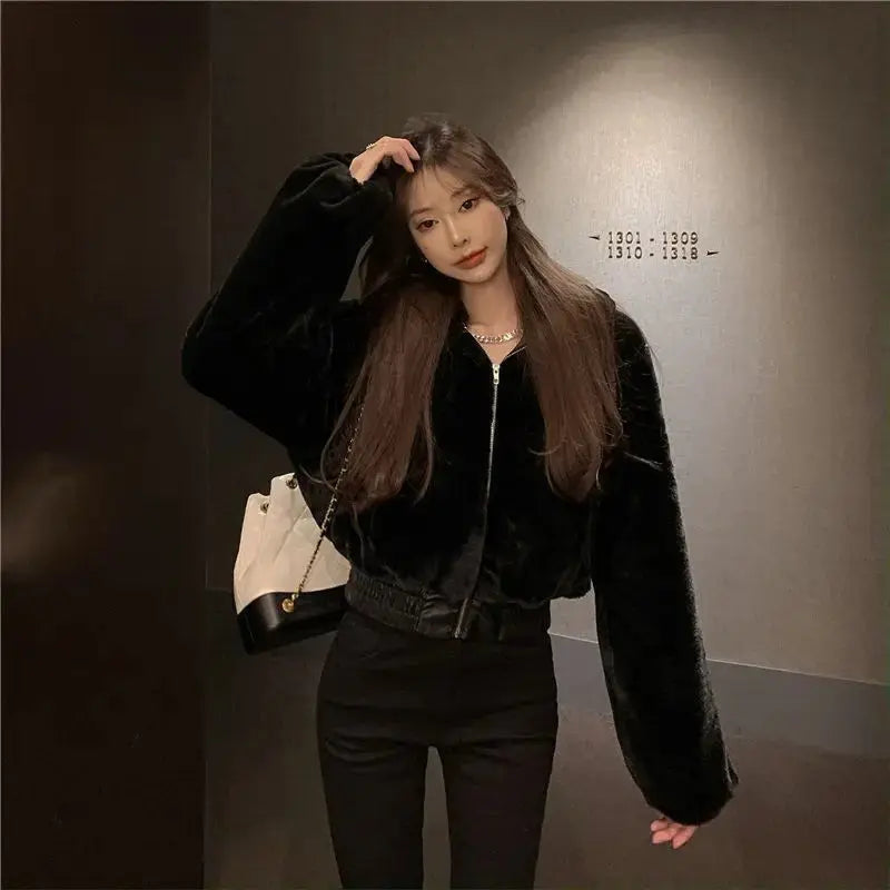 Luxury Short Faux Rabbit Fur Coat Women Crop Top Winter Thicken Warm Clothing Small Furry Hooded Faux Fur Jacket Fluffy Jackets ZITA LA BELLE ÉLITE