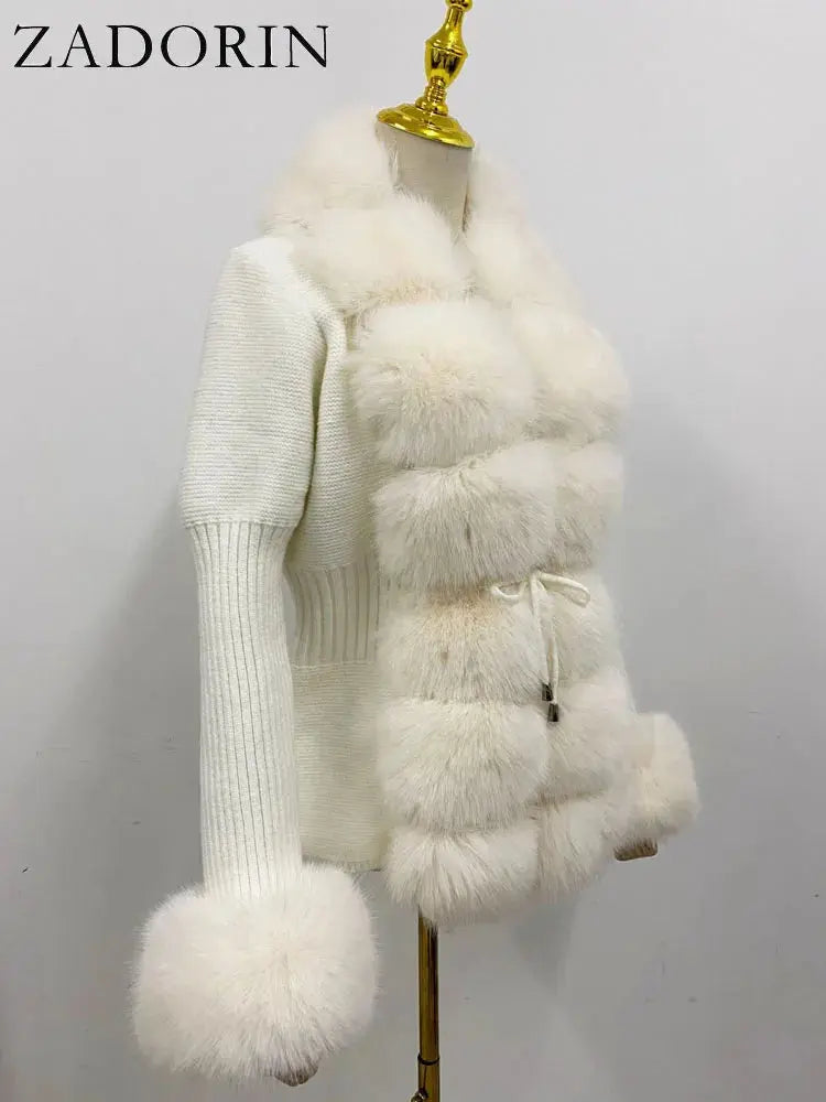 ZADORIN Fall Winter Women Faux Fur Coat Luxury Knitted Sweater Fur Cardigan Detachable Collar White Pink Jacket Faux Fur Coats ZITA LA BELLE ÉLITE