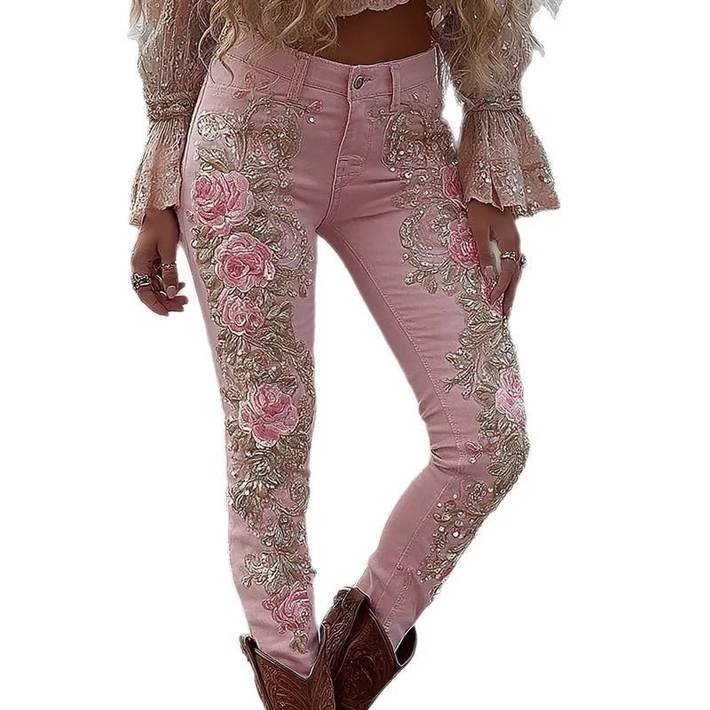 Women's European American Style Floral Print Jeans Straight Leg Casual Denim Pants