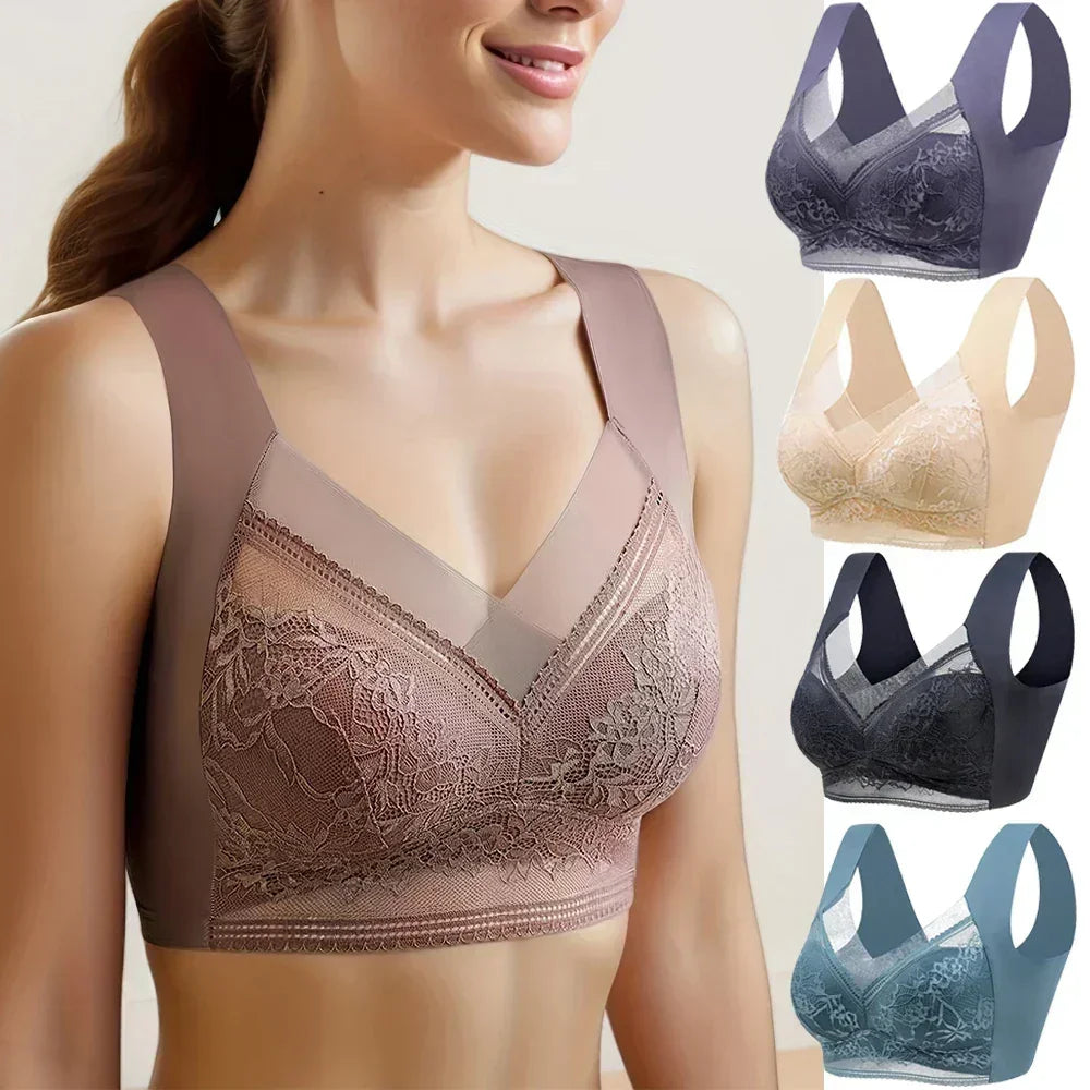 Femstylo L-6L women’s large ice silk seamless push-up bralette with lace, wireless summer lingerie, plus size top underwear.