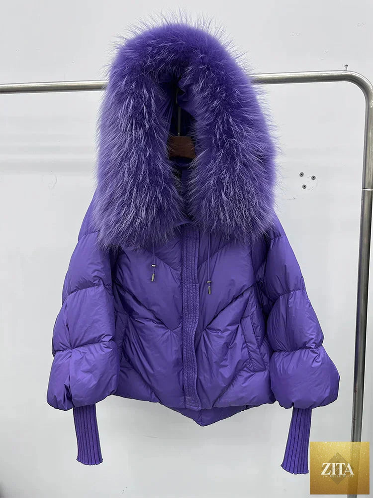 Women Winter Goose Down Jackets Real Fox Fur Collar Hooded Thick Natural Raccoon Fur Female Outwear Warm Loose Puffer Coats