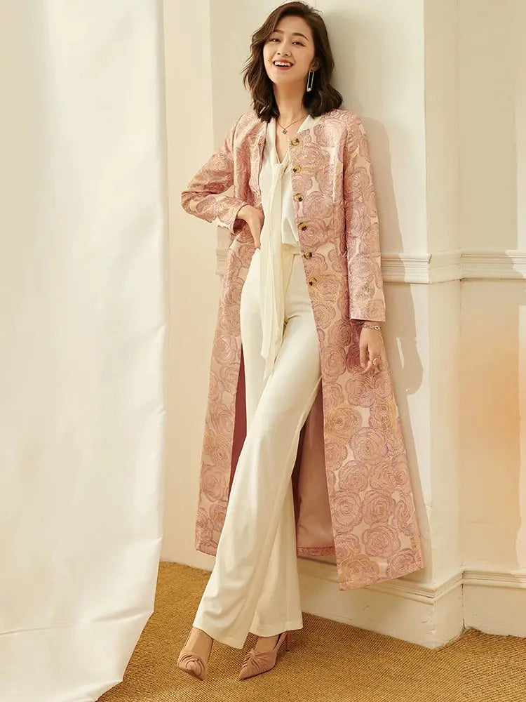 Luxury Women Long Trench Jacquard Coat Button Front Overcoat Fall Winter Floral Elegant Jackets Outerwear Party Outfit Clothes ZITA LA BELLE ÉLITE