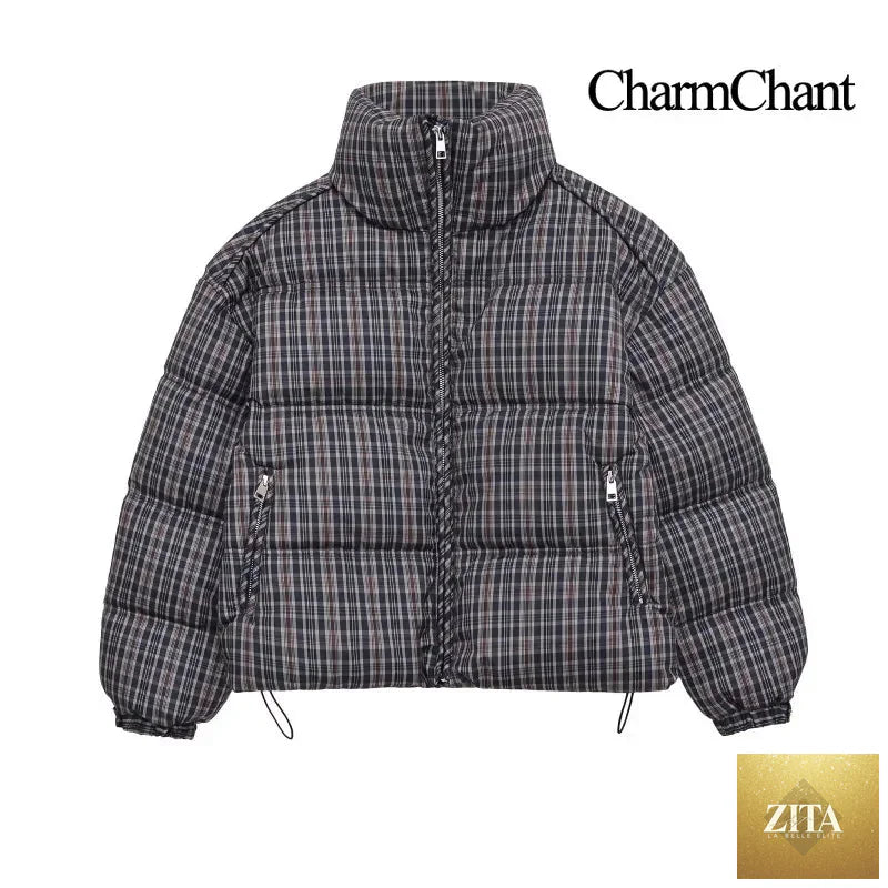 LadyShow.Store women's stand-collar plaid puffer jacket with padding, winter coat, warm outerwear, and check pattern.