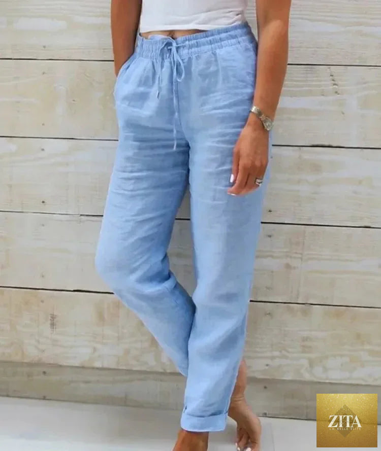 Ladyez women's high waist cotton linen summer pants with elastic waist, casual loose pencil style for streetwear and comfort.