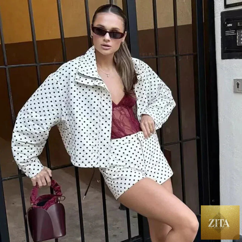 HXAO Polka Dot Bomber Jacket Women's Jackets Demi-Season Oversized Long Sleeve Top Outerwear Aviator Plus Size Zip Up Crop Coats