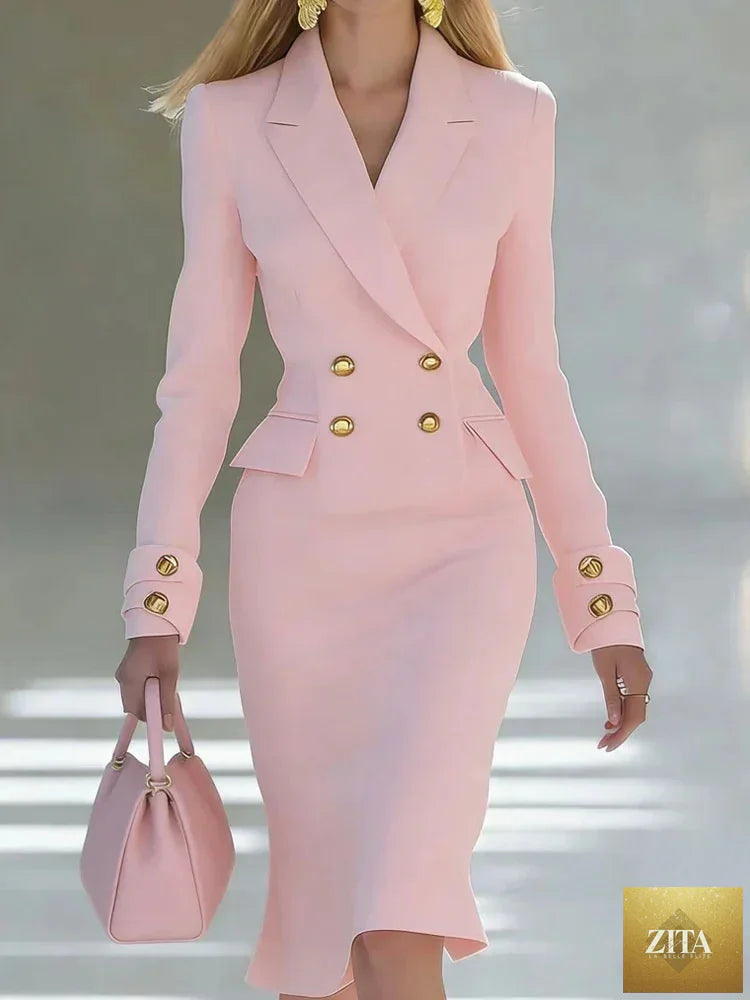 Women’s elegant double-breasted blazer dress with long sleeves, suitable for office, business, or formal occasions by Nurse Nook Clothes.