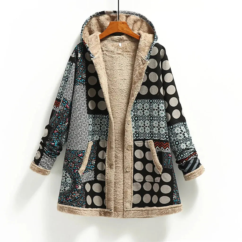 Women's Long Plush Jacket with Cotton and Linen Print Hooded Sweatshirt for Warmth, Winter New Style ZITA LA BELLE ÉLITE