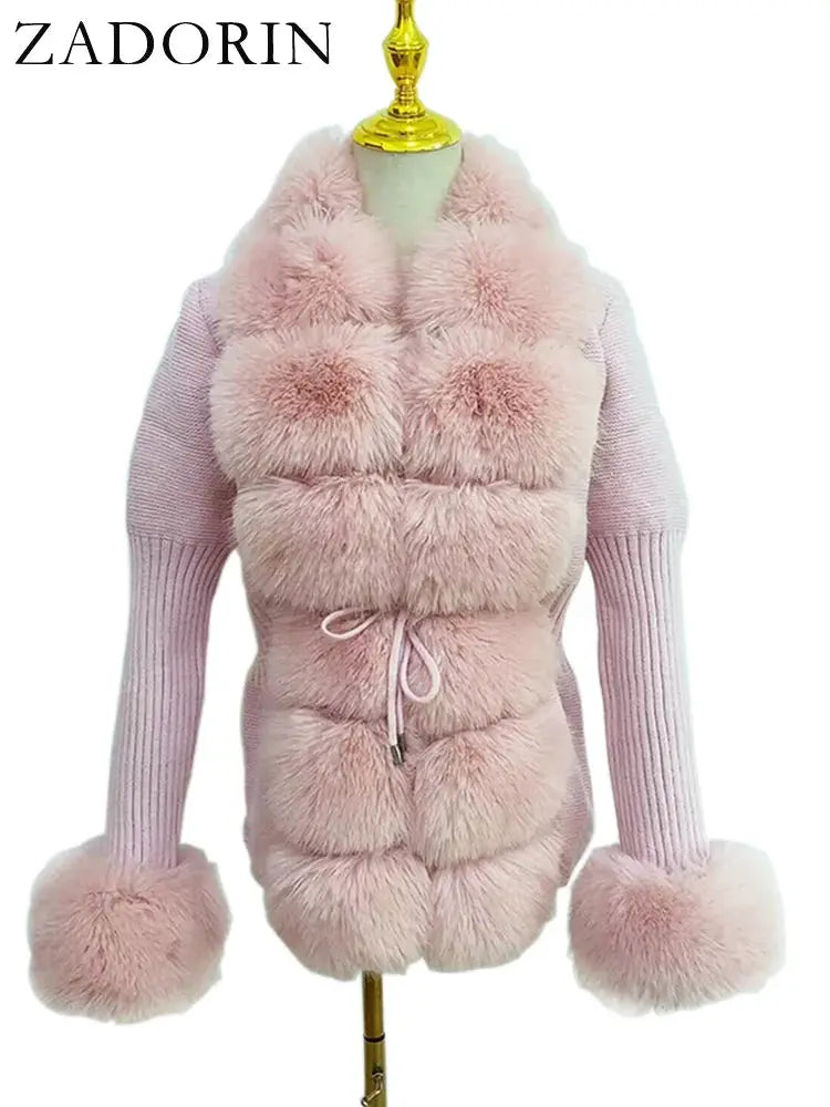 ZADORIN Fall Winter Women Faux Fur Coat Luxury Knitted Sweater Fur Cardigan Detachable Collar White Pink Jacket Faux Fur Coats ZITA LA BELLE ÉLITE