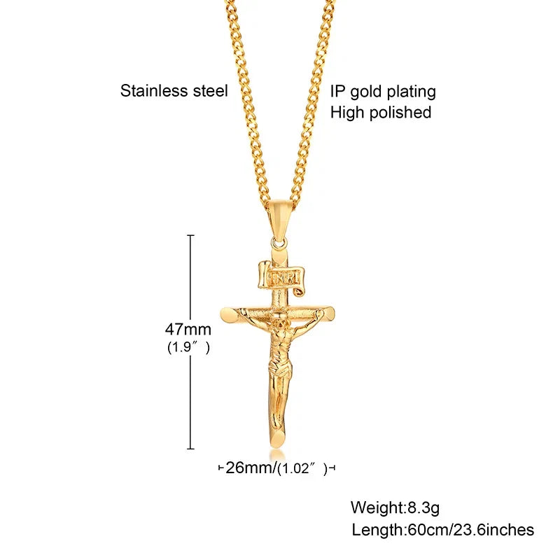 Gold-colored stainless steel cross necklace with Jesus pendant, Catholic faith jewelry for men and women, perfect for prayer and gift.