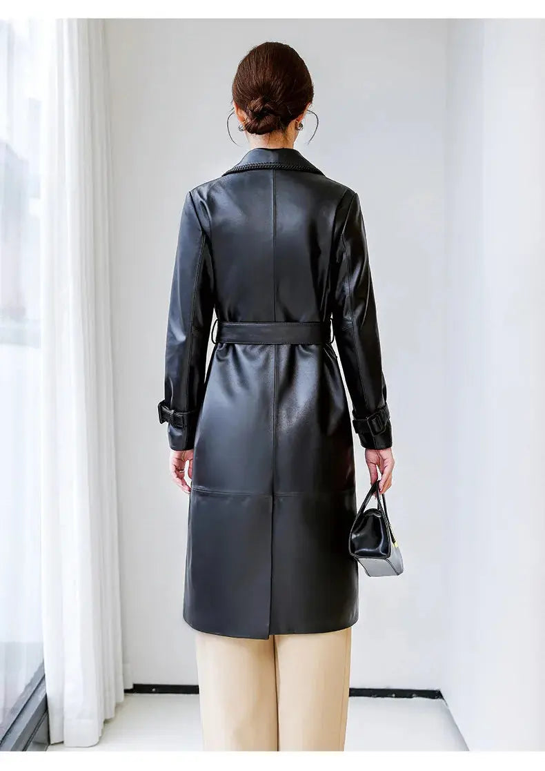 Women's Genuine Leather Trench Coat Lace-Up Long Slim Fit Spring Autumn Sheepskin Top ZITA LA BELLE ÉLITE