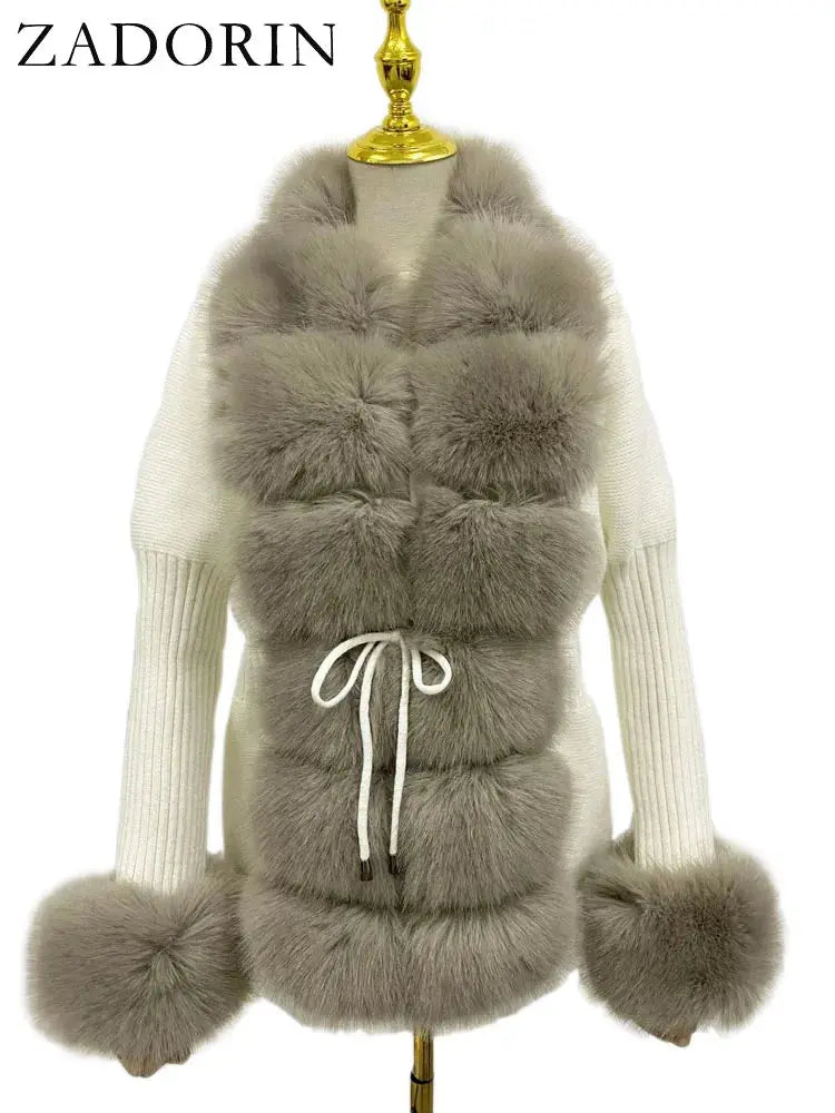 ZADORIN Fall Winter Women Faux Fur Coat Luxury Knitted Sweater Fur Cardigan Detachable Collar White Pink Jacket Faux Fur Coats ZITA LA BELLE ÉLITE