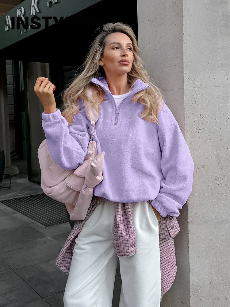 Women’s autumn winter fleece hoodie with stand collar, zipper, loose fit, solid color, casual streetwear sweatshirt by LadyShow.