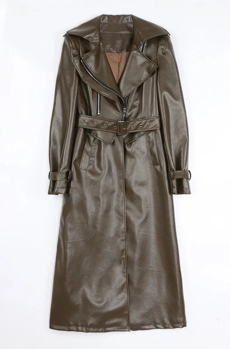 Mauroicardi Spring Autumn White Fitted Long Pu Leather Coat Women Zipper Belt Elegant Chic Luxury Designer Fake 2 Clothes 2024 ZITA LA BELLE ÉLITE