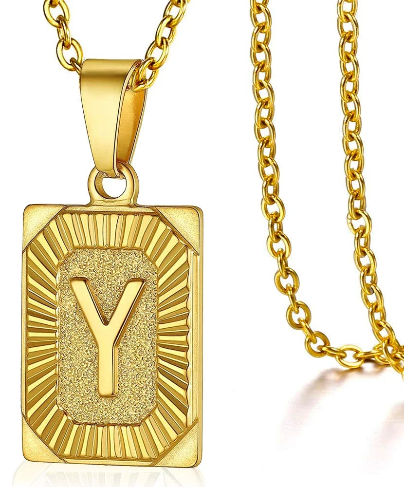 Initial pendant necklace for women and men featuring a stainless steel Cuba link chain with a charm letter square, stylish jewelry gift
