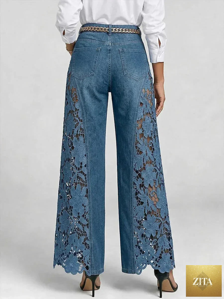Women high waist lace spliced wide leg denim jeans by FLIPSTYLEZLLC, showcasing flowy, casual, loose-fit design with lace accents.